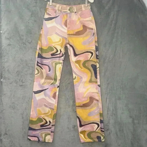 Zara Multicolor Denim Straight Jeans‎ with Psychedelic Abstract Swirl print Sz 2 - Picture 3 of 13